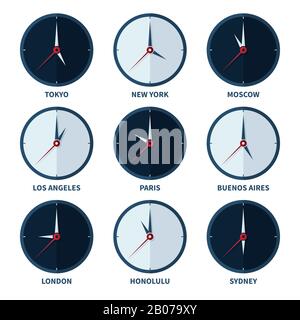 Orologi da mondo per fusi orari di diverse città vettore set. Viaggia verso il paese con un'altra illustrazione del fuso orario Illustrazione Vettoriale