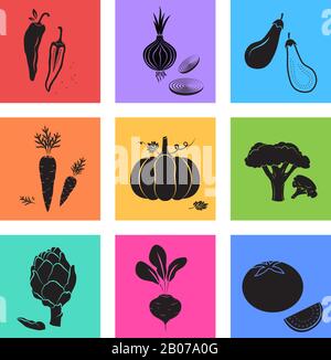 Verdure le icone alimentari vegetariane impostano la silhouette illustrazione Illustrazione Vettoriale