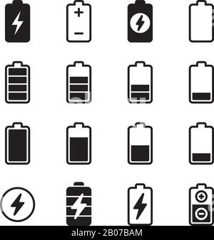 Batteria elettrica, set di icone vettore energia accumulatore. Simbolo del livello di carica, illustrazione del livello di energia pieno Illustrazione Vettoriale