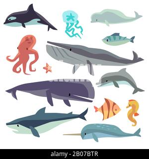 Pesce marino e animali di mare vettore piatto set. Delfini e balene, squali e polpi, meduse e cavallucci marini Illustrazione Vettoriale