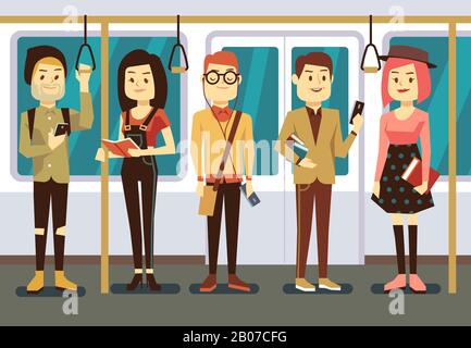 Uomo e donna con smartphone, gadget e libro nel trasporto pubblico vettore illustrazione. Leggere e utilizzare il passeggero dello smartphone Illustrazione Vettoriale