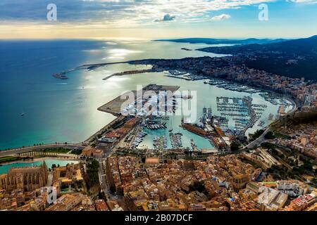 Porto di Palma con cattedrale e palazzo, 09.01.2020, vista aerea, Spagna, Isole Baleari, Maiorca, Palma Foto Stock