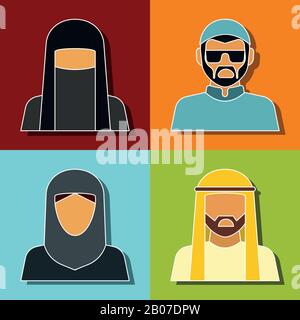 Avatar della gente del Medio Oriente. Donna e uomo isolato su sfondo colorato. Illustrazione del vettore Illustrazione Vettoriale