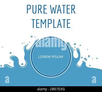 Template vettoriale acqua pura in blu e bianco. Pulire il fregio con l'illustrazione della goccia Illustrazione Vettoriale