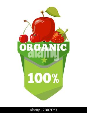Logo Natural Organic Fruits, etichetta, modello badge con ciliegio rosso. Illustrazione del vettore