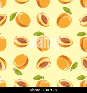 Vettore pesca senza cuciture motivo sfondo giallo. Illustrazione della frutta dolce matura Illustrazione Vettoriale