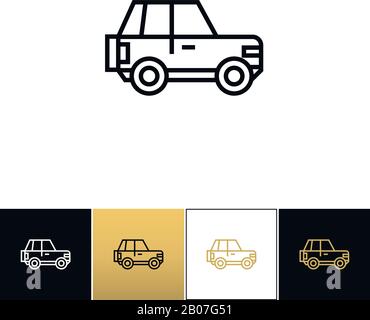 Simbolo della linea del veicolo o icona del vettore lineare di guida automatica. Auto linea segno o auto guida lineare programma su sfondo nero, bianco e oro Illustrazione Vettoriale