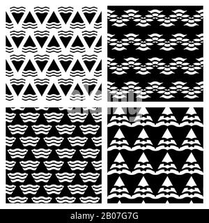 Set di sfondi geometrici astratti vettoriali senza giunture in colore nero. Raccolta di immagini monocromatiche Illustrazione Vettoriale