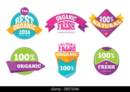 Colorato organico fresco naturale etichette set. Badge e adesivi per modelli. Illustrazione del vettore Illustrazione Vettoriale