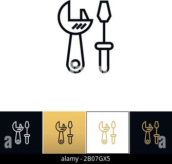 Icona del vettore del logo Tools o delle utilità industriali. Logo Tools o programma di utilità industriale su sfondo nero, bianco e oro Illustrazione Vettoriale