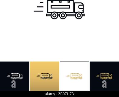 Simbolo di consegna in velocità o icona vettore lineare del carrello. Simbolo di consegna in accelerazione o programma lineare su sfondo nero, bianco e oro Illustrazione Vettoriale