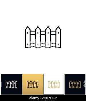 Icona vettoriale linea di picchetto o recinzione. Pittogramma di linea di picchetto di recinzione o legno su sfondo nero, bianco e oro Illustrazione Vettoriale