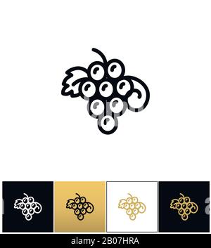 Uve appese o uva da vino con foglie icona vettore. Uve appese o uva da vino con pittogrammi di foglie su sfondo nero, bianco e oro Illustrazione Vettoriale
