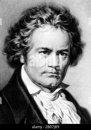 Ritratto d'epoca del compositore e pianista tedesco Ludwig van Beethoven (1770 – 1827). Dettaglio da una stampa del 1902 di W L Haskell. Foto Stock