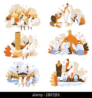 Hajj rituali icone isolate, religione di persone musulmane Illustrazione Vettoriale