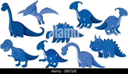 Grande set di diversi tipi di dinosauri in blu illustrazione Illustrazione Vettoriale