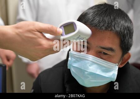 Nanchang, Cina. 19th Feb 2020. Il Sig. Dong, un paziente di coronavirus recuperato, riceve test fisici prima della donazione di plasma presso un ospedale di Nanchang, nella provincia di Jiangxi nella Cina orientale, 19 febbraio 2020. Dong, 42 anni, è il primo paziente recuperato che ha donato il suo plasma dopo il recupero dal coronavirus nella provincia di Jiangxi. (Xinhua/Peng Zhaozhi) Credito: Xinhua/Alamy Live News Foto Stock