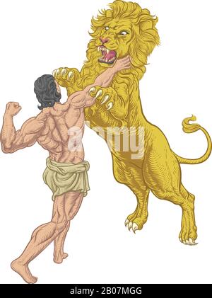 Hercules Fighting The Nemean Lion Illustrazione Vettoriale