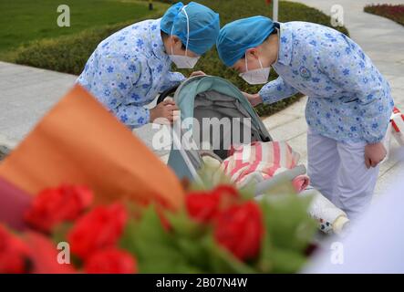 Nanchang, Cina. 19th Feb 2020. Gli operatori sanitari scaricano un paziente COVID-19 recuperato, che ha 7 mesi di età, dalla zona Xianghu del Primo ospedale affiliato dell'Università di Nanchang a Nanchang, nella provincia di Jiangxi nella Cina orientale, 19 febbraio 2020. Il bambino di 7 mesi infettato con il nuovo coronavirus fu dimesso dall'ospedale dopo 9 giorni di trattamento nella provincia di Jiangxi nella Cina orientale. (Xinhua/Peng Zhaozhi) Credito: Xinhua/Alamy Live News Foto Stock