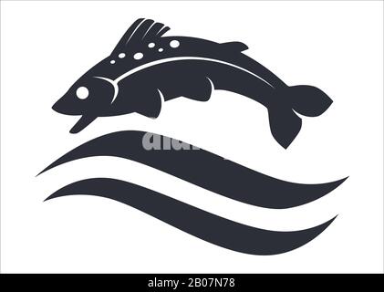 Pesce animale subacqueo sopra onda silhouette nero simbolo vettore Illustrazione Vettoriale