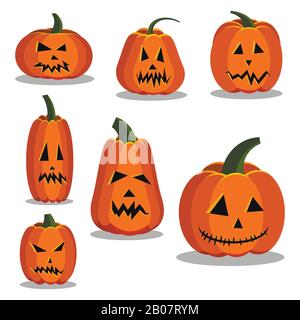 Cartoon piatto stile colorato zucca icone set segno kit di Halloween. Illustrazione Vettoriale
