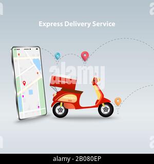 Concetto di business di e-commerce per la consegna delle merci in moto, la consegna online di cibo utilizzando l'applicazione mobile per vedere la mappa sullo schermo. Illustrazione Vettoriale