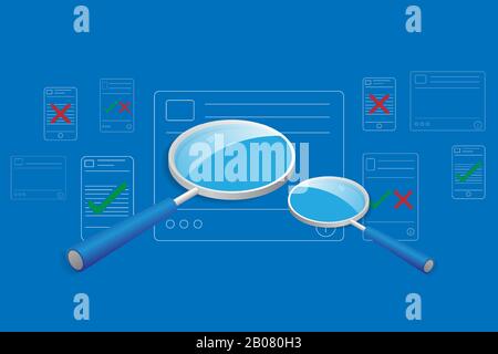 Concetto di notizie false nei social media, grande lente d'ingrandimento al centro sta vagliando i contenuti nei dispositivi elettronici che contengono il segno di spunta verde Illustrazione Vettoriale