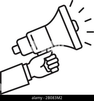 Mano d'uomo d'affari che tiene un'icona della linea vettoriale del megafono. Simbolo di politica, marketing e pubblicità. Illustrazione Vettoriale
