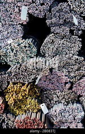 Primo piano di pile di barre d'acciaio, segnate alla sua estremità con colori diversi per una più facile identificazione, comunemente utilizzate nell'industria edile asiatica Foto Stock