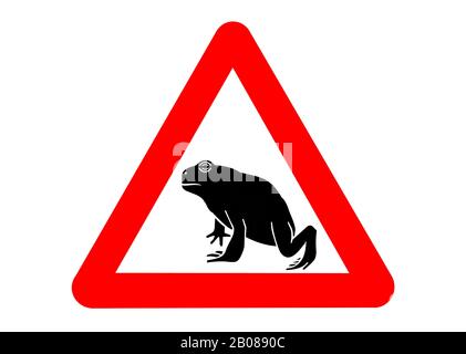 Segnale di avvertimento per la migrazione di anfibi / toads che attraversano la strada durante la migrazione annuale in primavera su sfondo bianco Foto Stock