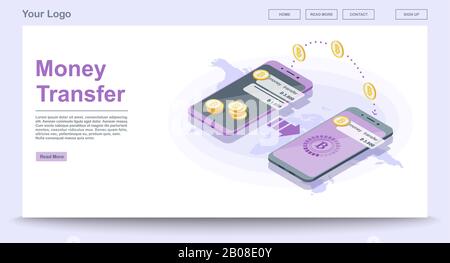 Global money transfer web page template vettoriale con il isometrico Illustrazione Vettoriale