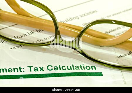 Vista ravvicinata della voce su un modulo di calcolo della dichiarazione di ritorno fiscale con un paio di occhiali Foto Stock