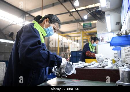 (200219) -- CHONGQING, 19 febbraio 2020 (Xinhua) -- dipendenti lavorano su una linea di produzione di Chongqing Shunduoli Motor-Vehicle Co., Ltd. Nel distretto Beibei del comune di Chongqing, nella Cina sudoccidentale, 19 febbraio 2020. Una parte delle imprese del comune di Chongqing ha ripreso la produzione dopo aver preso sufficienti misure di prevenzione del nuovo coronavirus negli ultimi giorni. (Xinhua/Tang Yi) Foto Stock