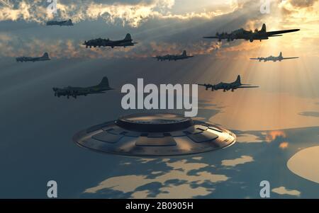 Flying Fortress Bombers Incontrando un UFO Foto Stock