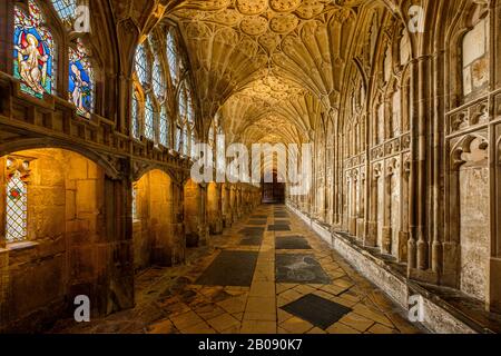 I Chiostri della Cattedrale di Gloucester hanno meravigliosi soffitti a volta dei fan risalenti al 14th Secolo. Foto Stock