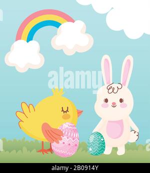 felice pasqua coniglio e pollo con uova in erba arcobaleno nuvole vettore illustrazione Illustrazione Vettoriale