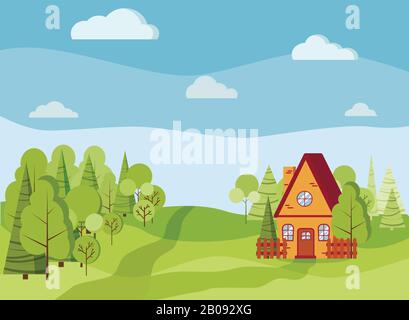 Paesaggio primaverile o estivo con casa di campagna, alberi verdi, spruces, campi, nuvole in stile cartone animato piatto. Illustrazione Vettoriale