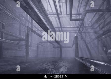 Fondo astratto tubi di ferro sotto forma di un labirinto nei locali della pianta, intorno al vapore, la produzione chimica. Rendering 3D fotorealistico Foto Stock