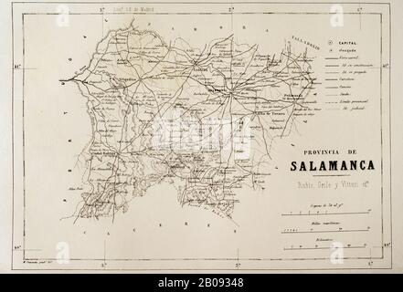 Spagna. Mappa della provincia di Salamanca. Cronica General de España, Historia Ilustrada y Descriptiva de sus Provincias. Asturias e Leon, 1867. Foto Stock