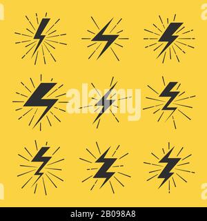 Set di icone vettoriali Lightning Bolts. Illustrazione della luce del flash di energia Illustrazione Vettoriale
