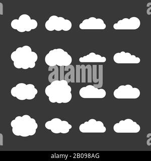 Icone di nuvole vettoriali in bianco su grigio. Insieme di elementi immagine nuvole bianche Illustrazione Vettoriale