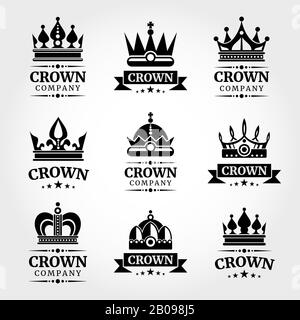 Le dime del logo Royal Vector Crown sono impostate in bianco e nero. Set di emblemi con illustrazione corone Illustrazione Vettoriale