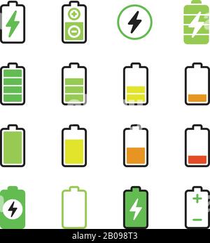 Telefono cellulare, carica elettrica dello smartphone, icone del vettore di energia della batteria. Indicatore batteria accumulatore per telefono, livello di carica elettrica dell'illustrazione del telefono Illustrazione Vettoriale