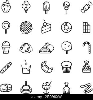 Dessert, dolci, gelati, muffin, torte, cupcake icone linea sottile. Set di dolci croissant caramella e snack panificio illustrazione Illustrazione Vettoriale