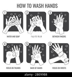 Istruzioni per il lavaggio delle mani. Set di icone vettoriali per l'igiene delle mani pulite. Procedura di lavaggio manuale, istruzioni di lavaggio manuale con illustrazione della schiuma Illustrazione Vettoriale