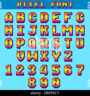 Pixel 8 bit lettere e numeri font del gioco vettoriale, alfabeto digitale, carattere tipografico. Carattere alfabetico e numerico Illustrazione Vettoriale