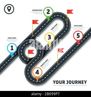 Mappa stradale di viaggio business vettoriale cartografica modello infografico con pin e bandiere. Mappa con strada per il business, mappa cartografica con bandiera e pin illustrazione Illustrazione Vettoriale