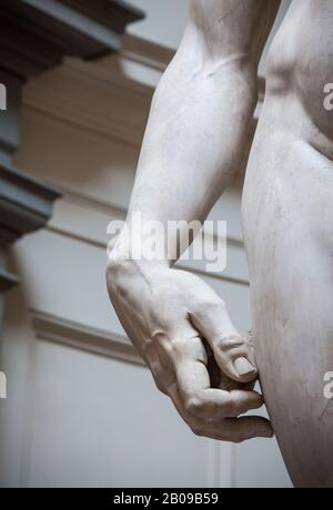 Una vista in primo piano del 'avid' una scultura di Michelangelo. Galleria dell'Accademia di Firenze, Italia. Foto Stock