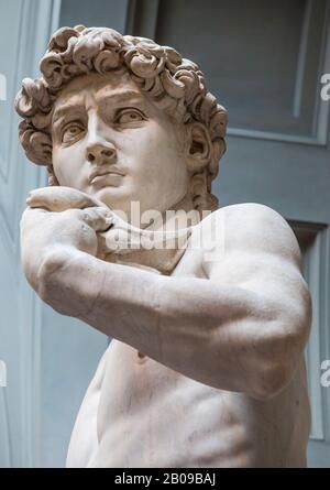 Una vista in primo piano del 'avid' una scultura di Michelangelo. Galleria dell'Accademia di Firenze, Italia. Foto Stock