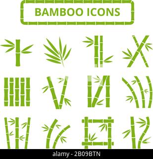 Bambù stocchi e foglie icone vettoriali. Piante asiatiche zen bambu isolate su sfondo bianco. Bastone bambù con fogliame, cornice curva bambù illustrazione Illustrazione Vettoriale